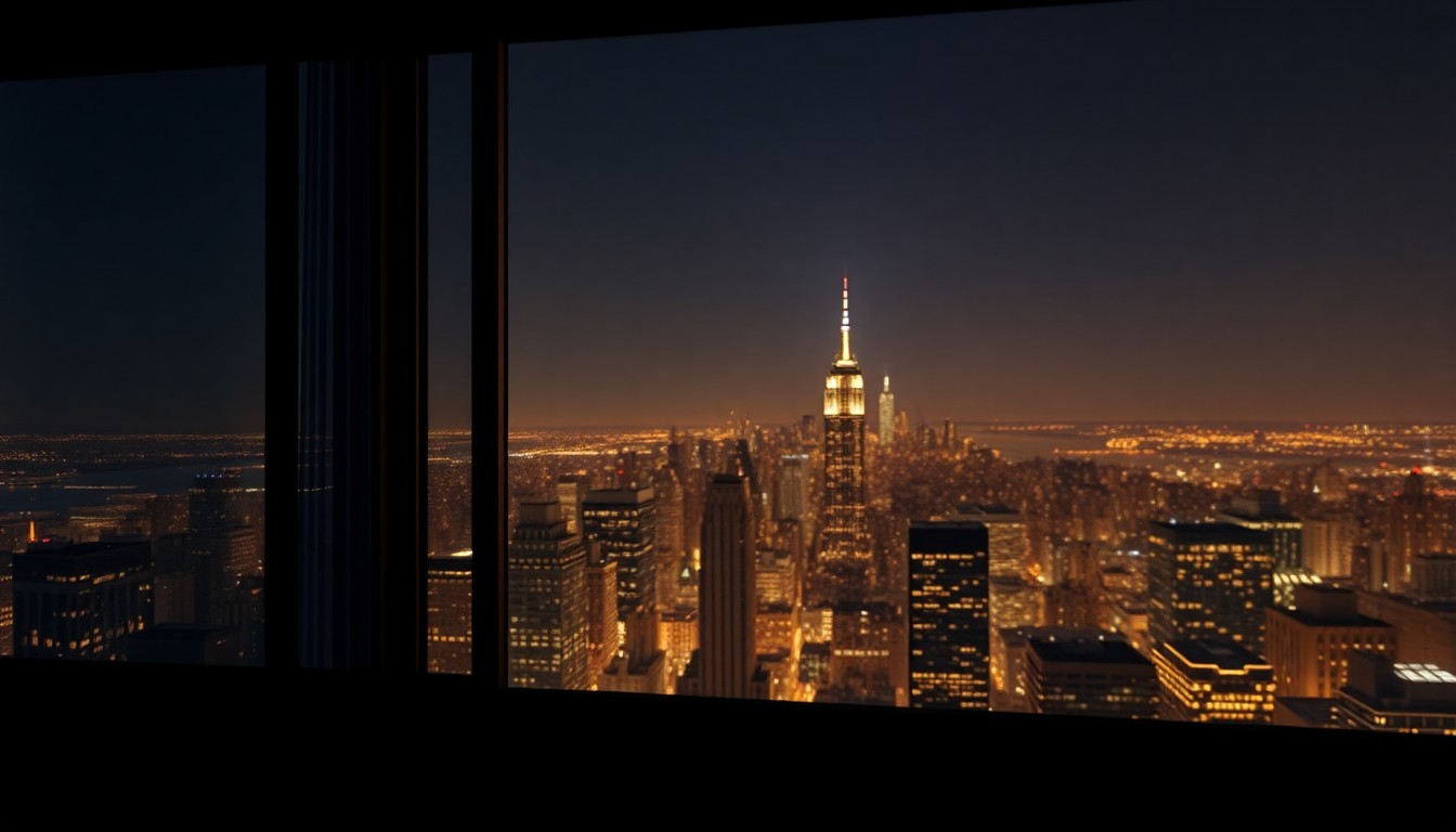 A cinematic painting of a solitary high-rise apartment window overlooking the New York City skyline at night, with warm interior lighting casting long shadows across the facade, conceptually representing the political tensions over a new tax targeting luxury second homes.