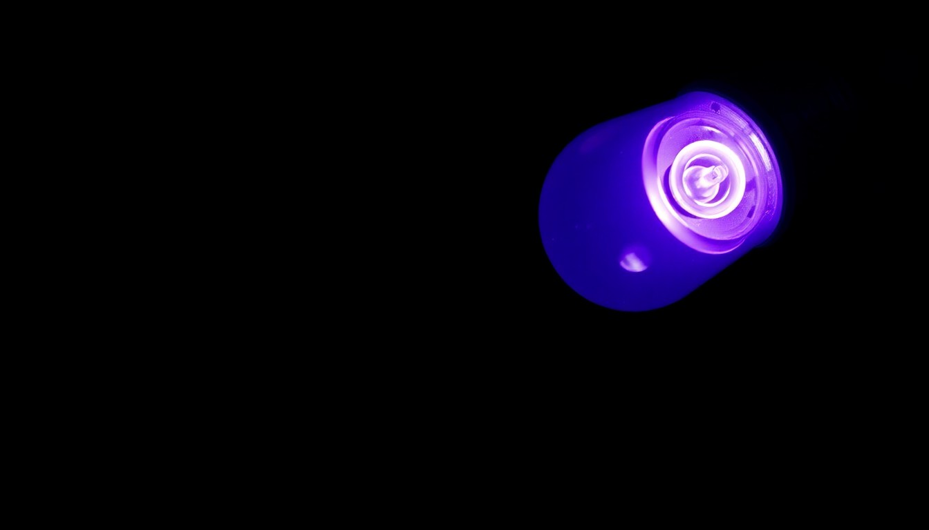 An extreme close-up photograph of a purple light fixture against a pitch-black background, creating a stark, gritty, and investigative aesthetic to symbolize the serious nature of crime victims' rights.