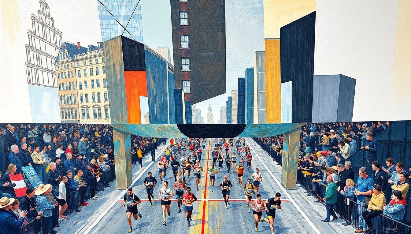 A cubist, geometric painting depicting runners, spectators, and the Boston Marathon finish line in an abstract, fragmented style.