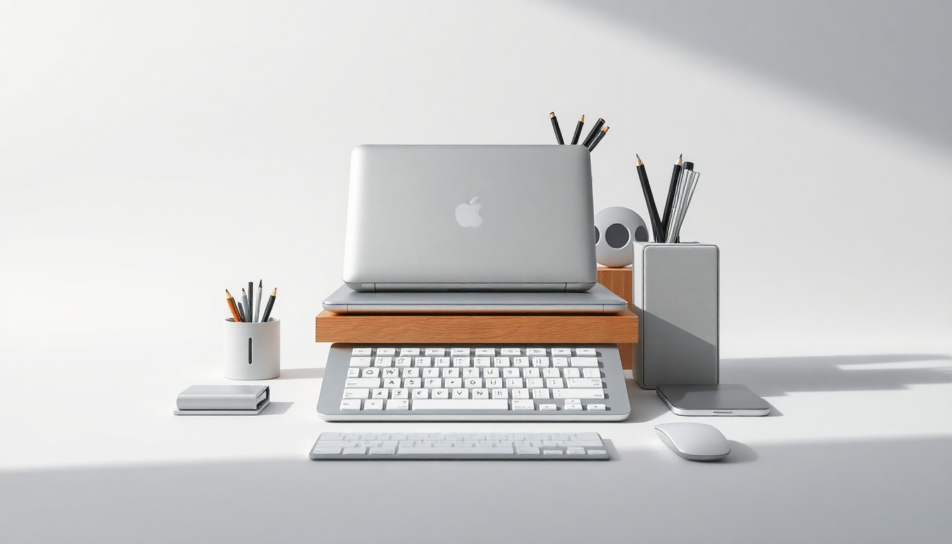 A high-end, photorealistic studio still-life photograph featuring a stack of neatly organized office supplies and equipment arranged elegantly on a clean, monochromatic background. The scene uses dramatic lighting and shadows to conceptually represent the corporate strategy and market forces behind the layoffs.
