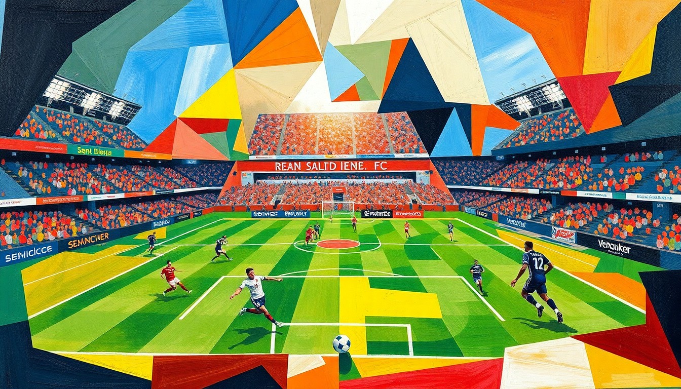 A fragmented, geometric painting depicting a soccer match, with the players and field broken down into sharp, overlapping shapes in vibrant colors, capturing the energy and intensity of the game.