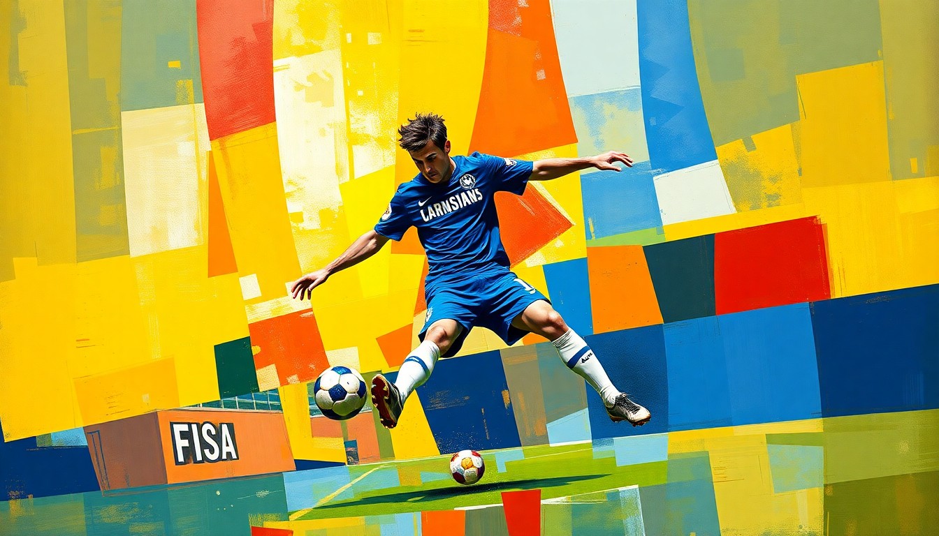 A cubist, geometric painting depicting a soccer player in motion, with sharp, overlapping planes of blue and white representing Chelsea's colors and the dynamic energy of the sport.