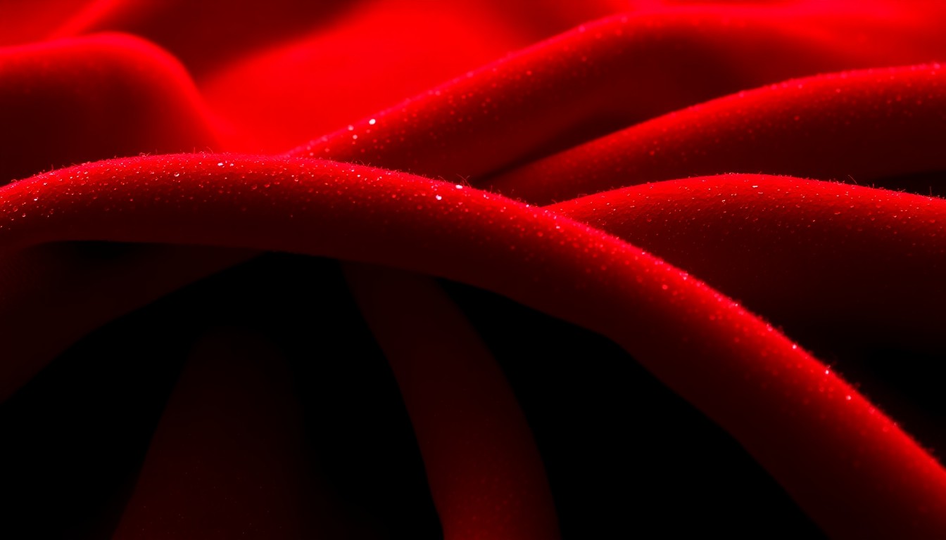 An extreme close-up photograph of a lush, velvety red fabric, capturing the intricate texture and dramatic lighting to create a sense of glamour and sophistication.