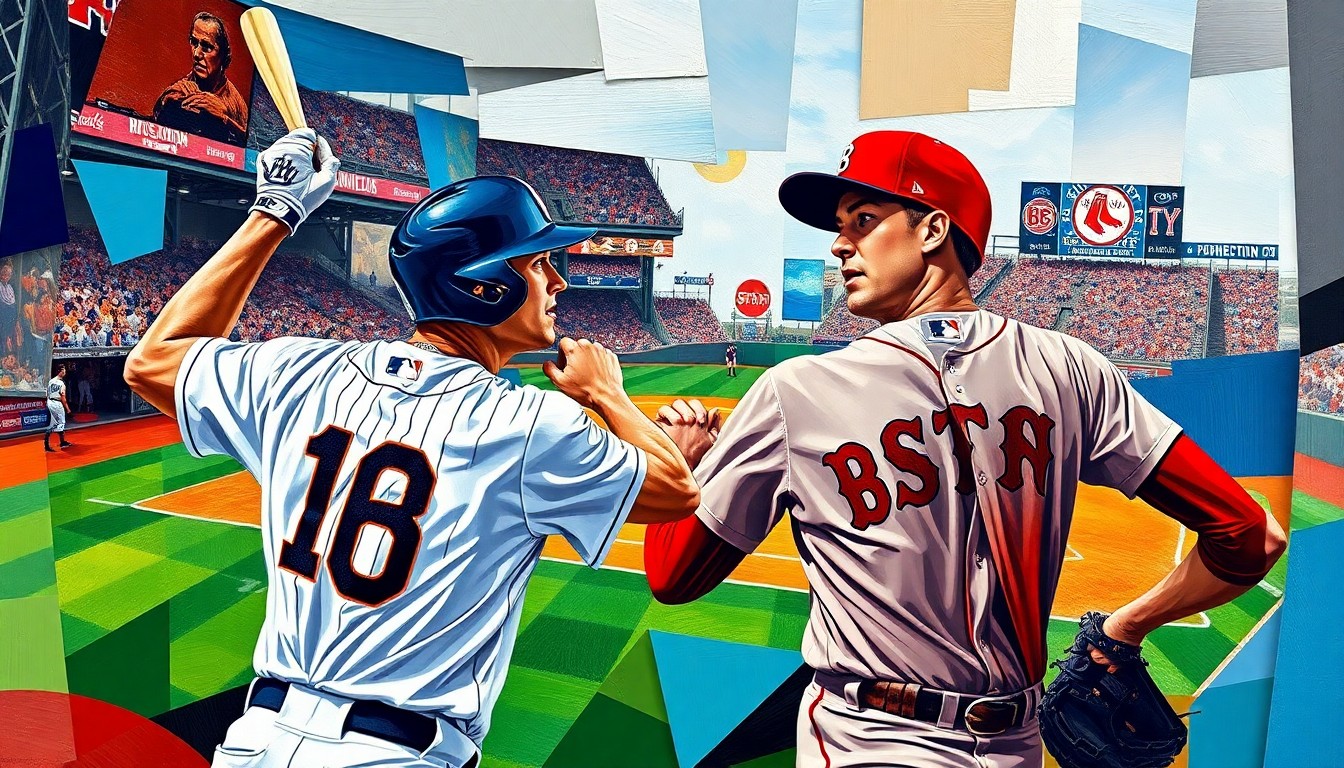 A fractured, geometric painting in vibrant shades of orange, navy, and red, depicting a baseball game or action in an abstract, cubist style.