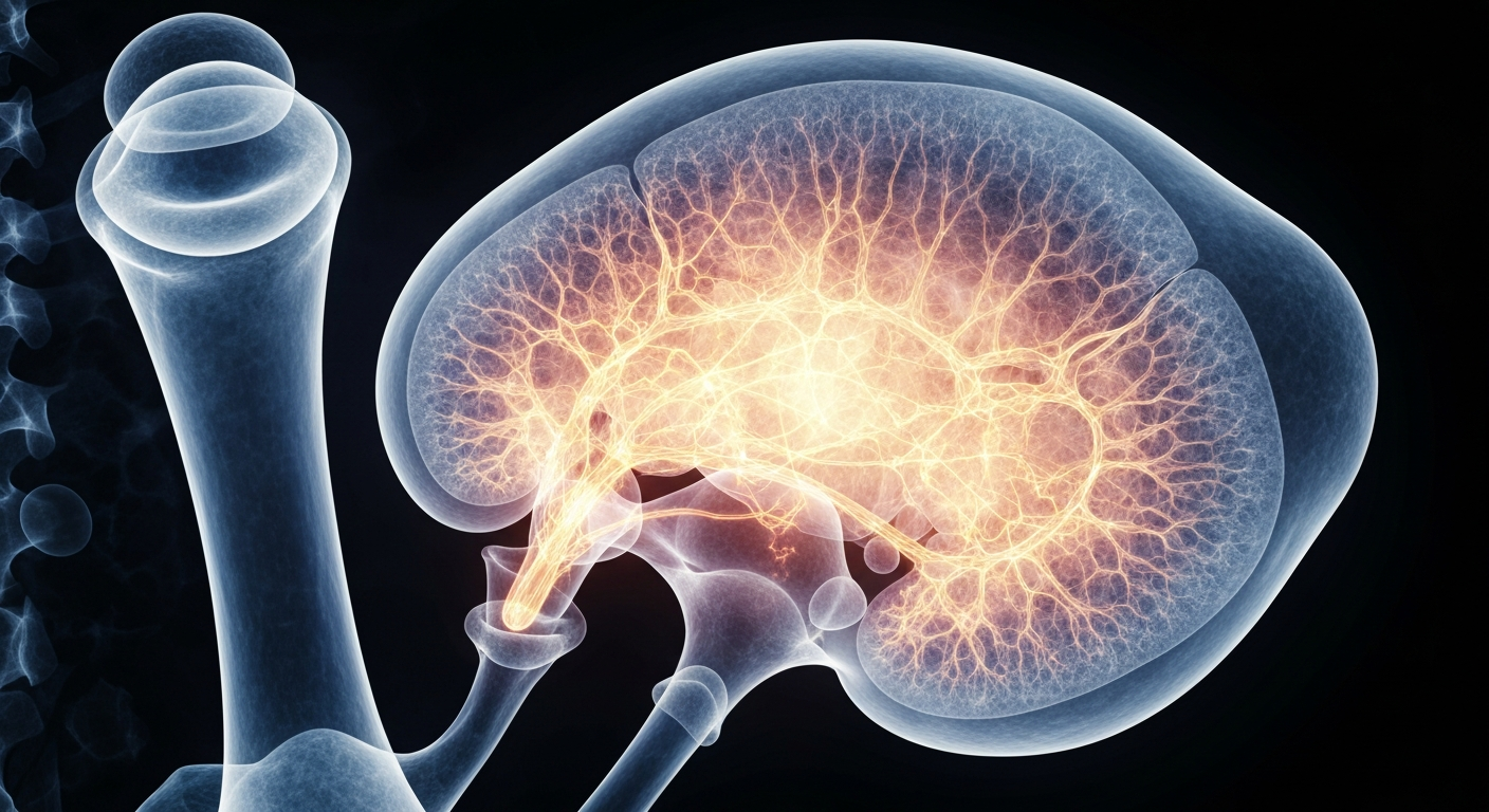 A ghostly, translucent X-ray image revealing the intricate internal structures of a human prostate gland, conceptually illustrating the potential of new targeted therapies to disrupt the complex mechanisms of prostate cancer.