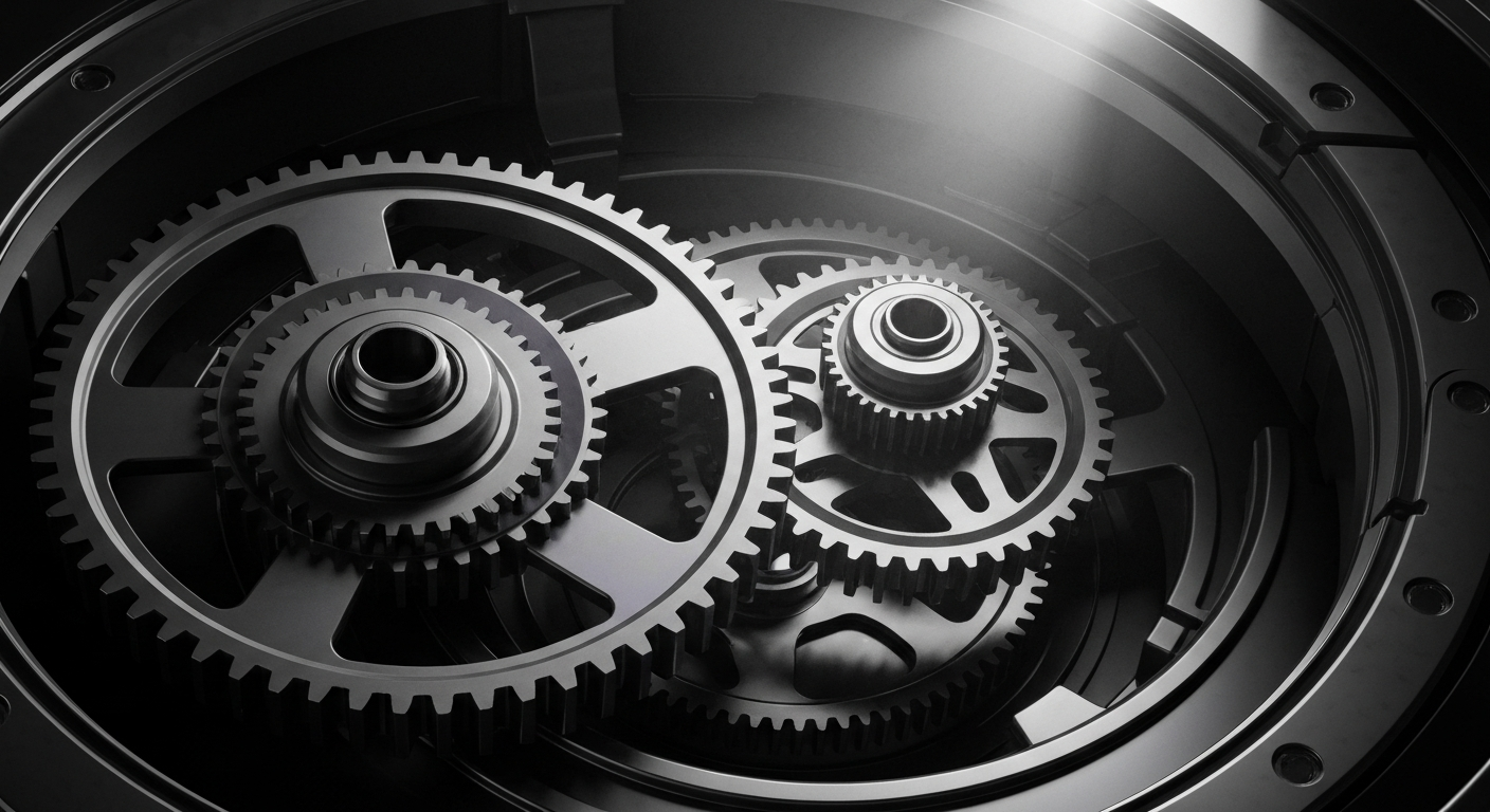 An extreme close-up of a complex array of shiny metal gears and mechanisms, conceptually representing the intricate financial infrastructure of a biotech company.