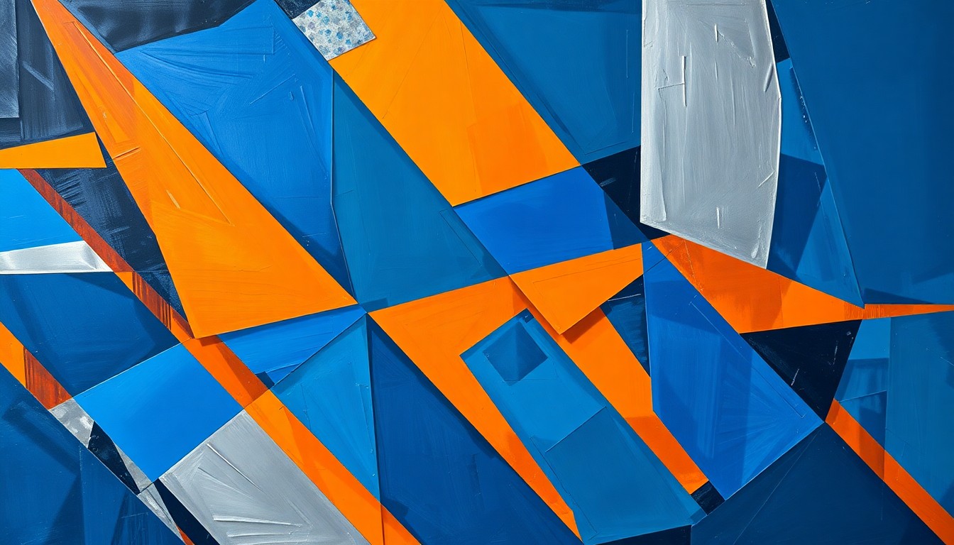 A fragmented, cubist-style painting depicting a Pistons basketball game, with overlapping geometric shapes and planes in bold, contrasting colors representing the team's multifaceted approach to the game.