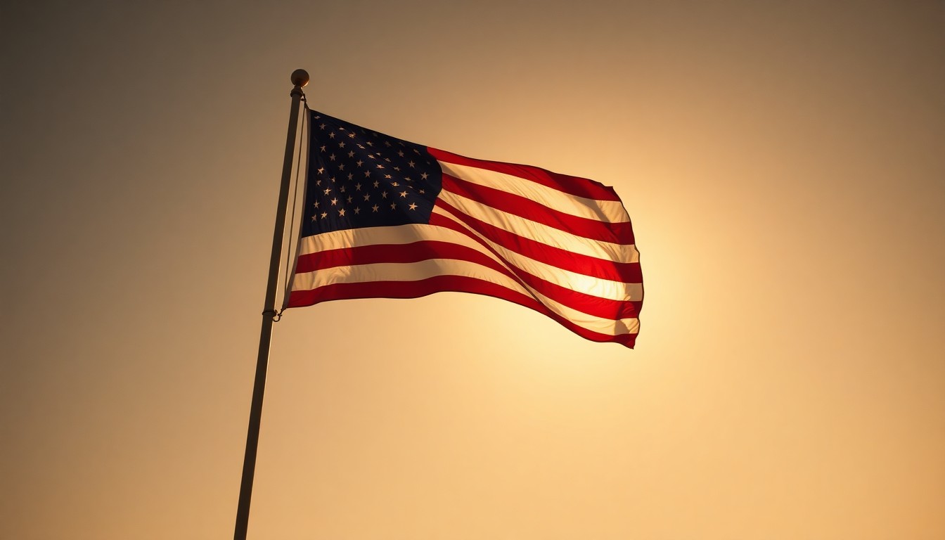 A close-up view of an American flag waving in the wind, with the fabric casting dramatic shadows across a weathered wooden surface, conveying a sense of political tension and uncertainty.
