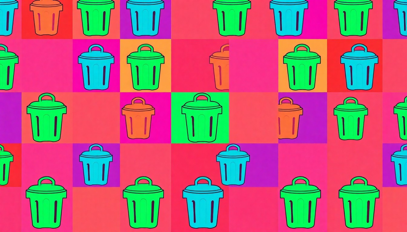A bold, colorful silkscreen print featuring a repeating pattern of a stylized compost bin icon in vibrant shades of green, blue, and orange, conceptually representing the college's successful food waste diversion efforts.