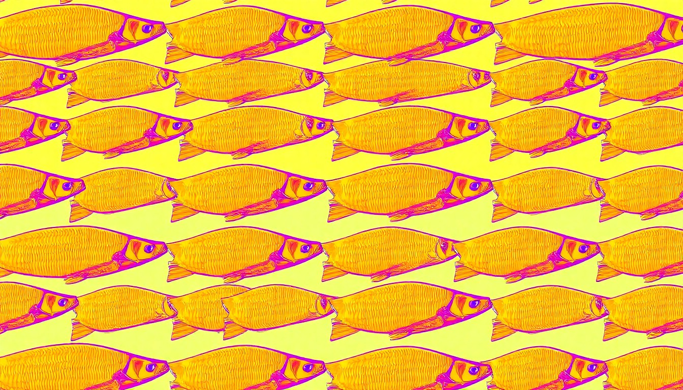 A bold, graphic illustration in the style of Andy Warhol featuring a repeating pattern of a single salmon fillet in bright, unnatural colors against a high-contrast black outline, creating a modern, pop art interpretation of this everyday ingredient.