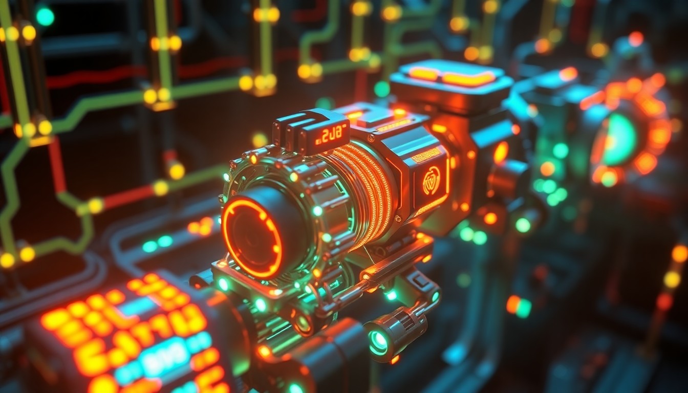 A highly detailed 3D illustration of glowing, neon-lit robotic components and circuits, conceptually representing the advanced autonomous weapons technology at the center of the dispute between the robotics firm and the Pentagon.