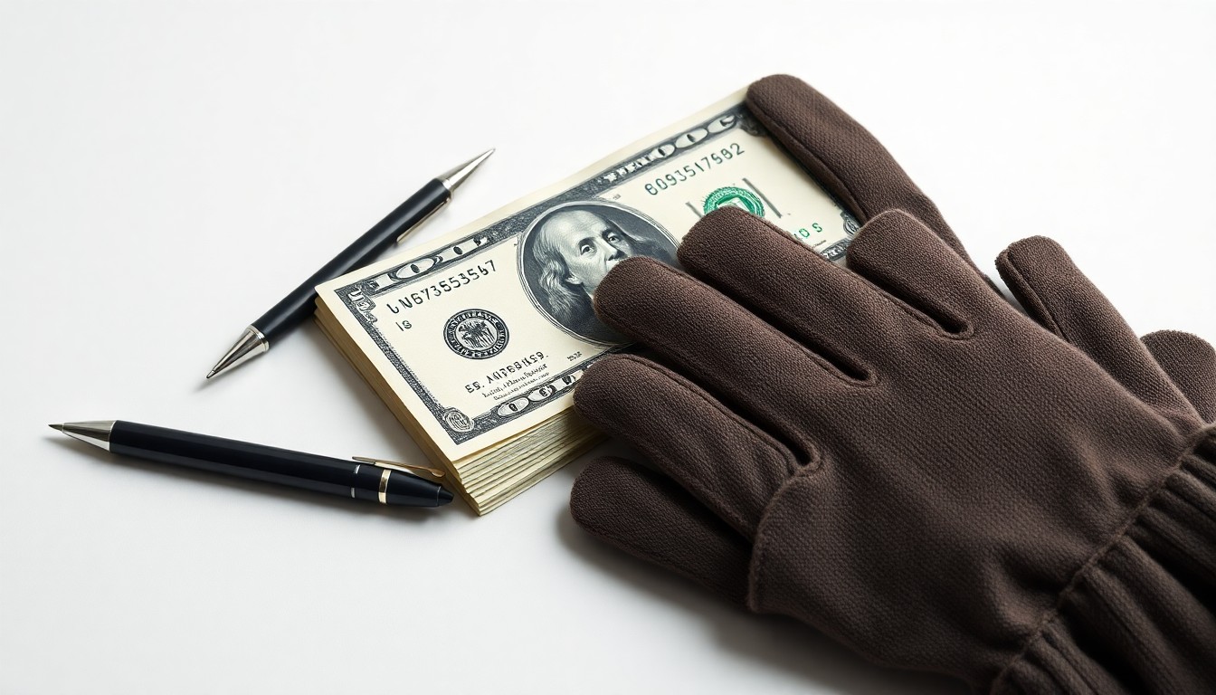A high-contrast studio photograph featuring a stack of dollar bills, a pen, and a pair of work gloves arranged on a clean white background, symbolizing the financial impact of the wage theft settlement and the ongoing struggle for worker protections.