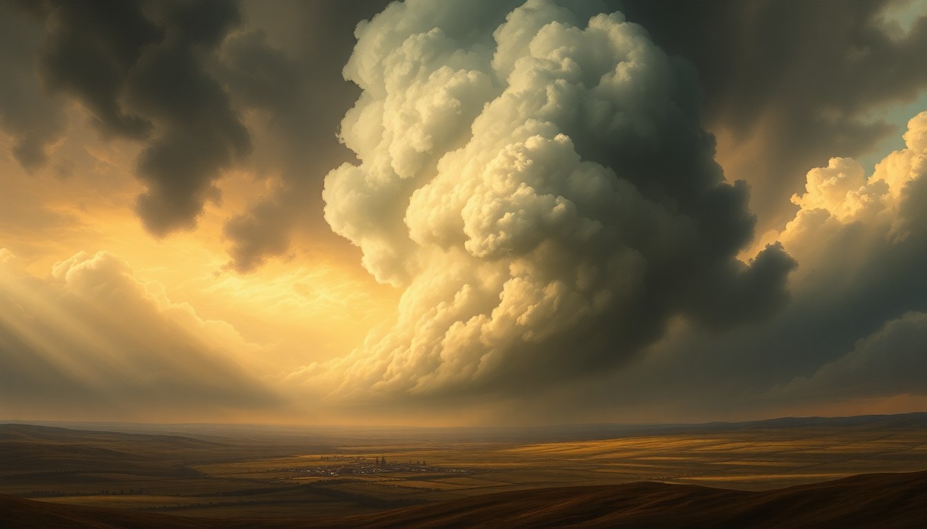 A sweeping, atmospheric landscape painting in muted tones of grey, blue, and green, with a massive, swirling cloud formation dominating the sky and casting an ominous shadow over the small town and farmland below. The dramatic lighting and deep perspective convey the overwhelming scale and power of the approaching storm.