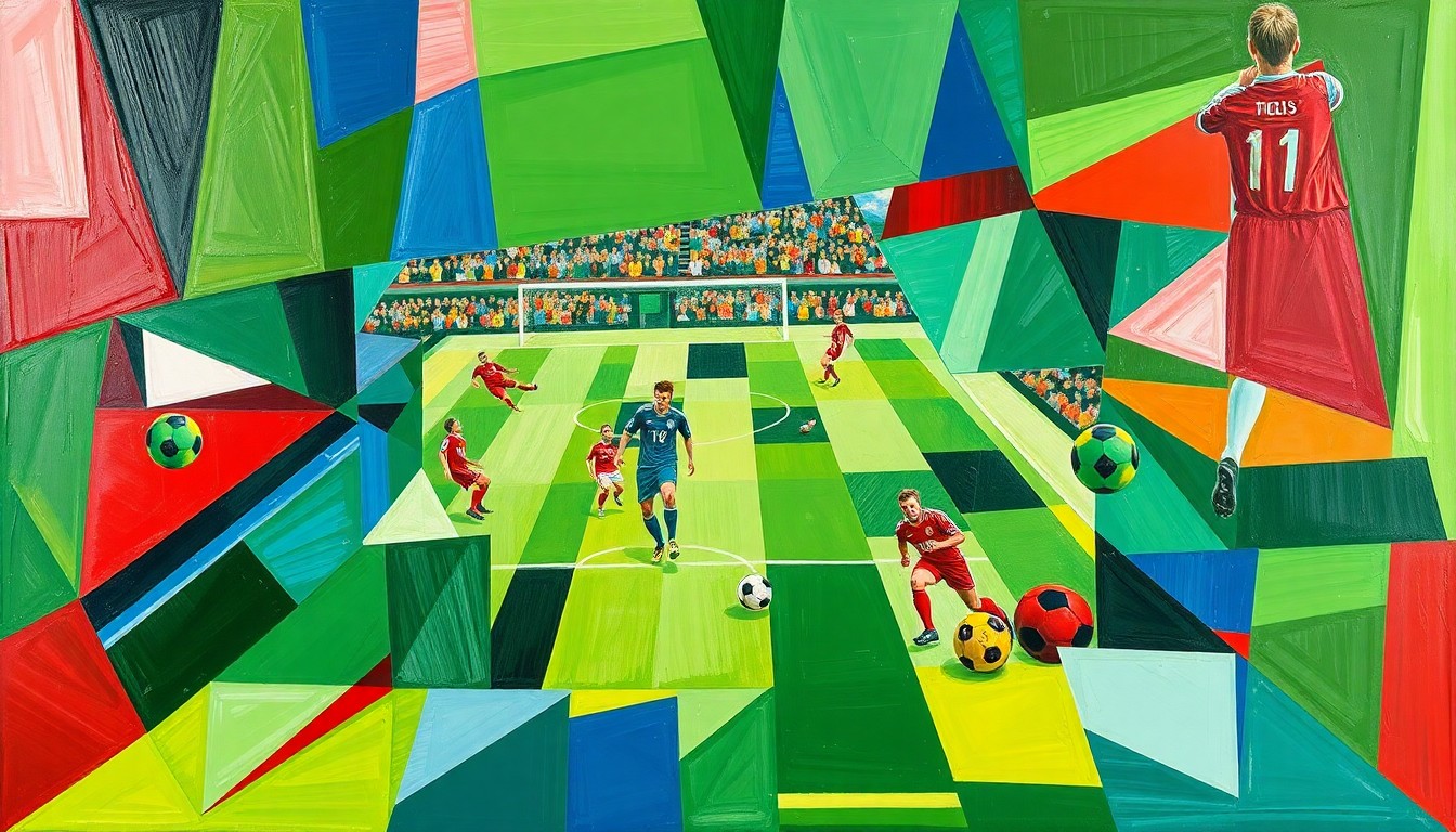 A fragmented, geometric painting in bold colors depicting the action and movement of a soccer match, with players and the field deconstructed into overlapping planes and shapes.