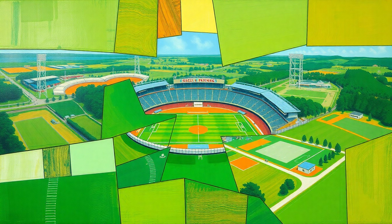A fractured, multi-perspective painting in bold, geometric shapes and colors, representing the proposed redevelopment of Osceola Heritage Park's sports facilities.