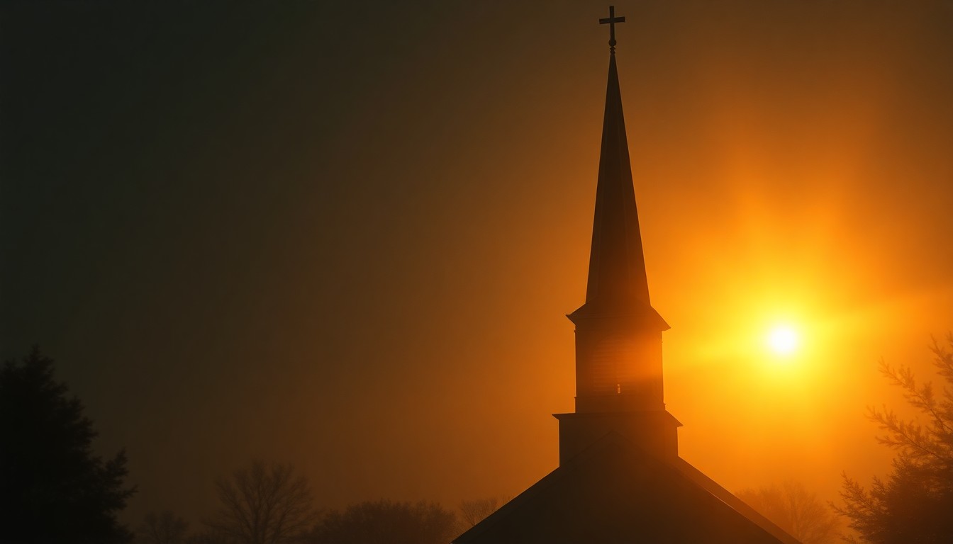 A serene, painterly depiction of a church steeple in warm, golden light, conveying a sense of community and civic pride.