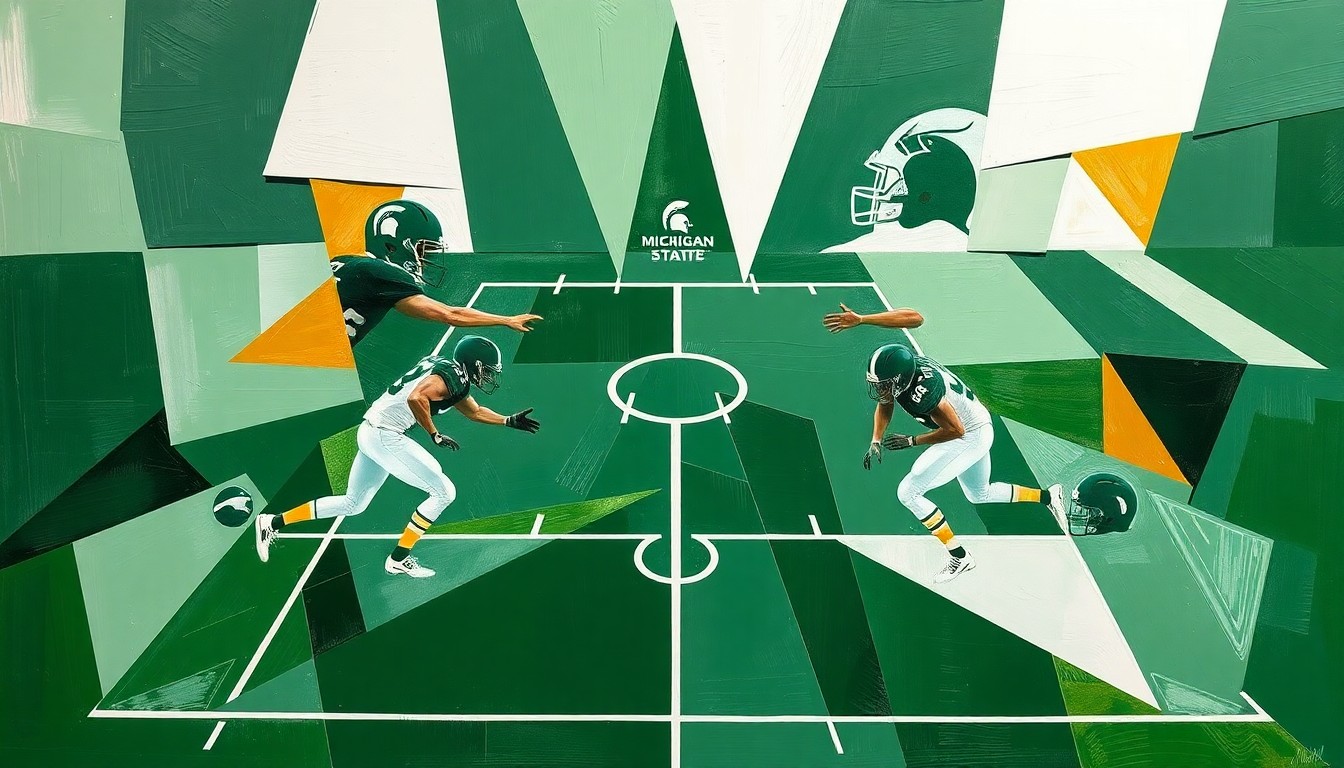 A cubist, geometric painting depicting the overlapping positions and movements of a Michigan State football defensive formation, with sharp planes of green, white, and gold.