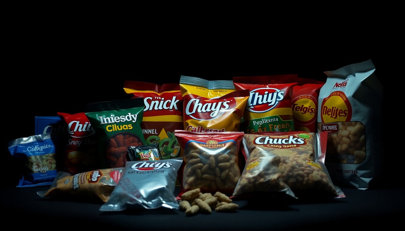 An extreme close-up photograph of various marijuana edible products packaged to resemble popular snack brands, lit by a harsh, direct camera flash against a pitch-black background, conceptually illustrating the dangers of these deceptive products.
