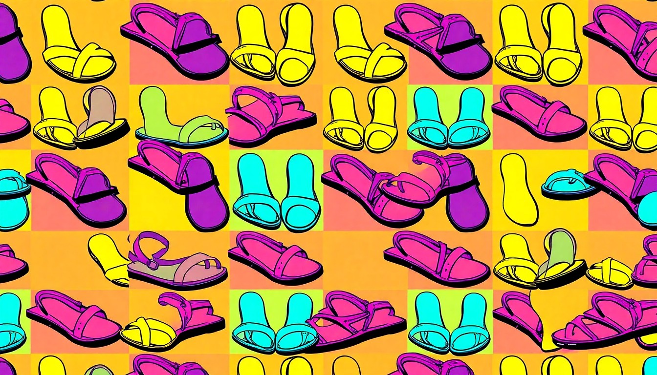 A high-contrast silkscreen print in neon pink, yellow, and blue featuring a repeated image of a strappy, minimalist sandal design against a black background, capturing the bold, pop art aesthetic of the season's top footwear trends.