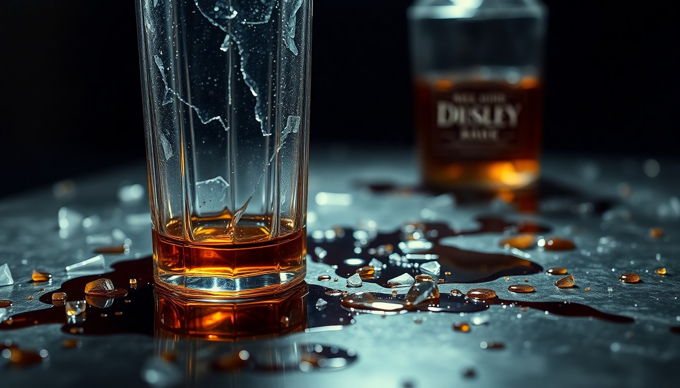 An extreme close-up photograph of shattered glass and spilled amber-colored whiskey, capturing the gritty, high-contrast glamour of a country music star's personal journey.