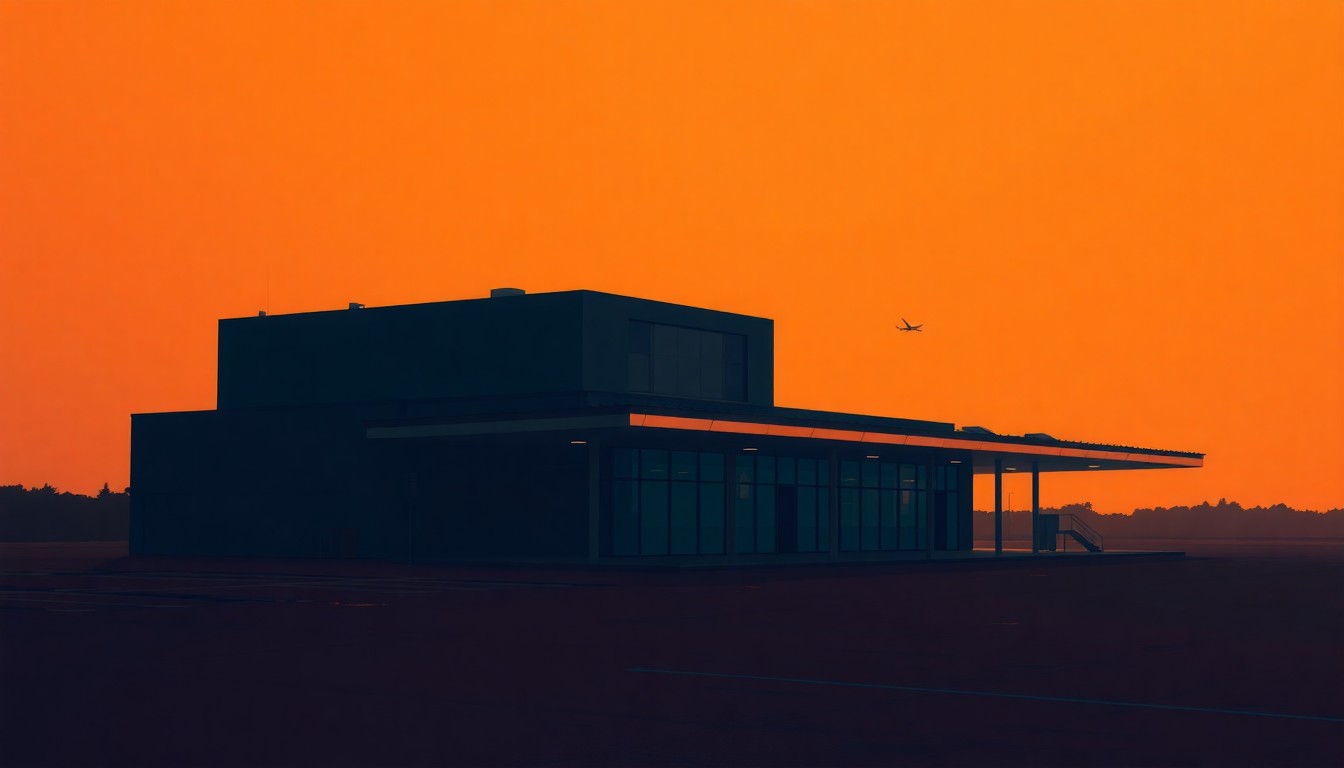 A serene, cinematic painting of an airport terminal building in warm, golden light, evoking a sense of nostalgia and the quiet drama of the legal dispute over the airport's renaming.