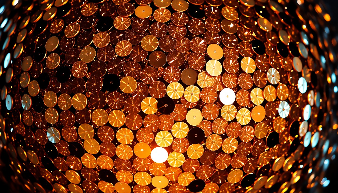 An abstract close-up photograph featuring a dramatic, high-contrast composition of luxurious, glittering textures like sequins and shattered disco ball fragments, capturing the glamorous essence of the music industry.