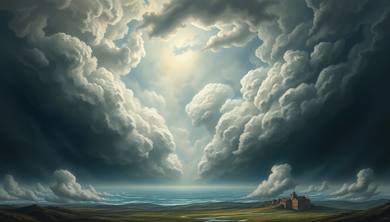 A vast, majestic landscape painting with sweeping brushstrokes of dark clouds, dramatic lighting, and deep atmospheric perspective, conceptually representing the overwhelming power of an approaching storm system.