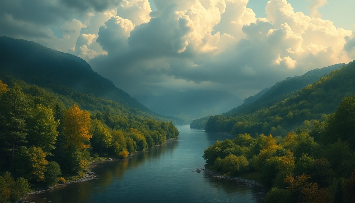 A sweeping, atmospheric landscape painting depicting a serene creek surrounded by lush foliage and dramatic clouds, conveying the overwhelming scale and power of the natural world.