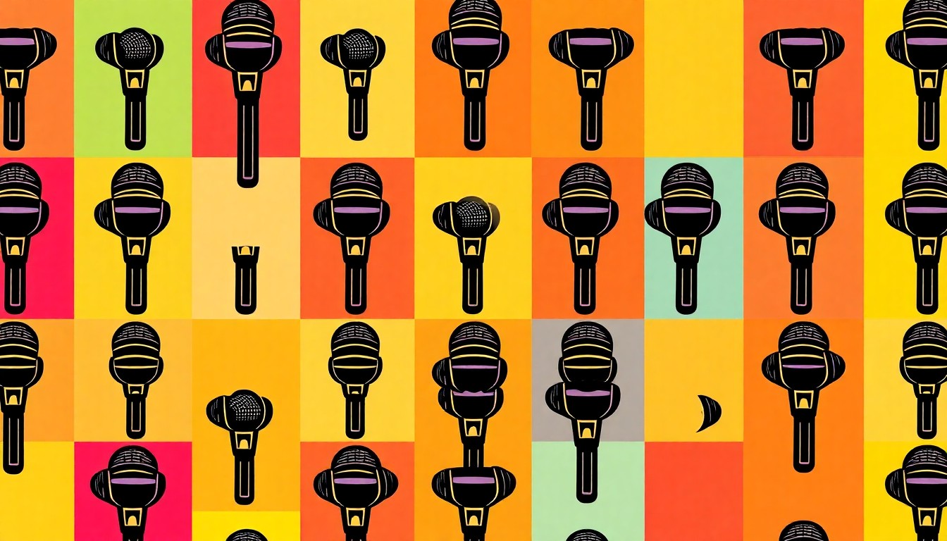 A bold, colorful silkscreen-style illustration featuring a repeated microphone icon in a grid pattern, representing the achievements of the Park Rapids speech team.
