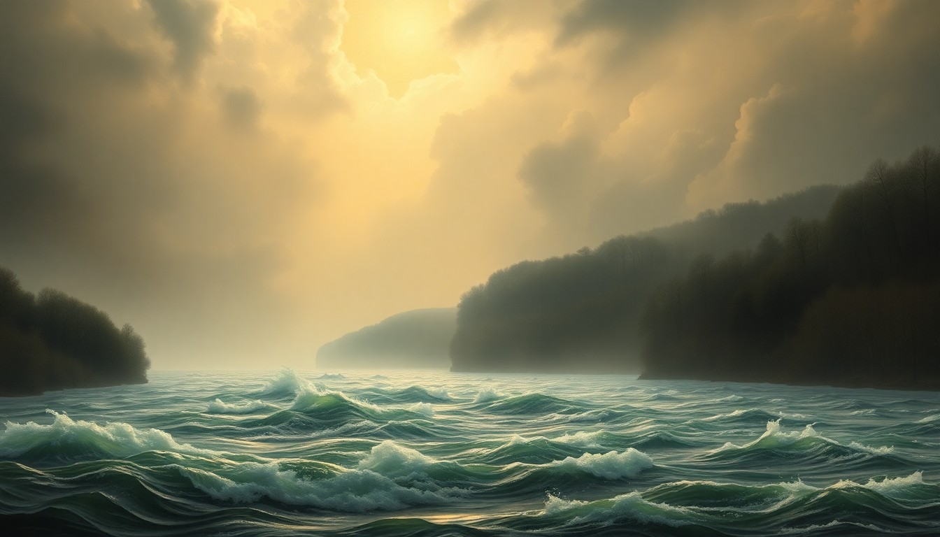 A sweeping, atmospheric landscape painting depicting the Fox River in flood, with the raging waters dominating the scene and dwarfing any visible structures or landmarks.