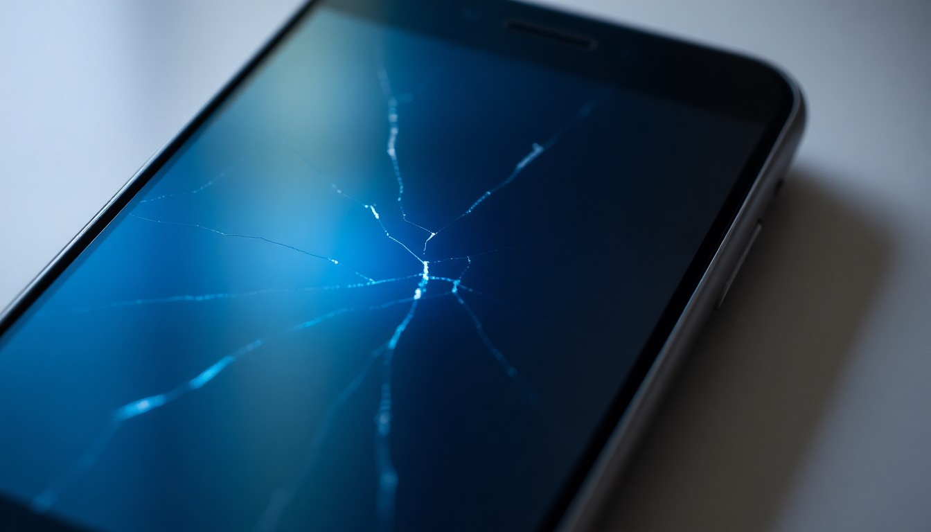An extreme close-up photograph of a cracked, broken smartphone screen reflecting a faint blue light, conceptually representing the digital evidence of a cybercrime.