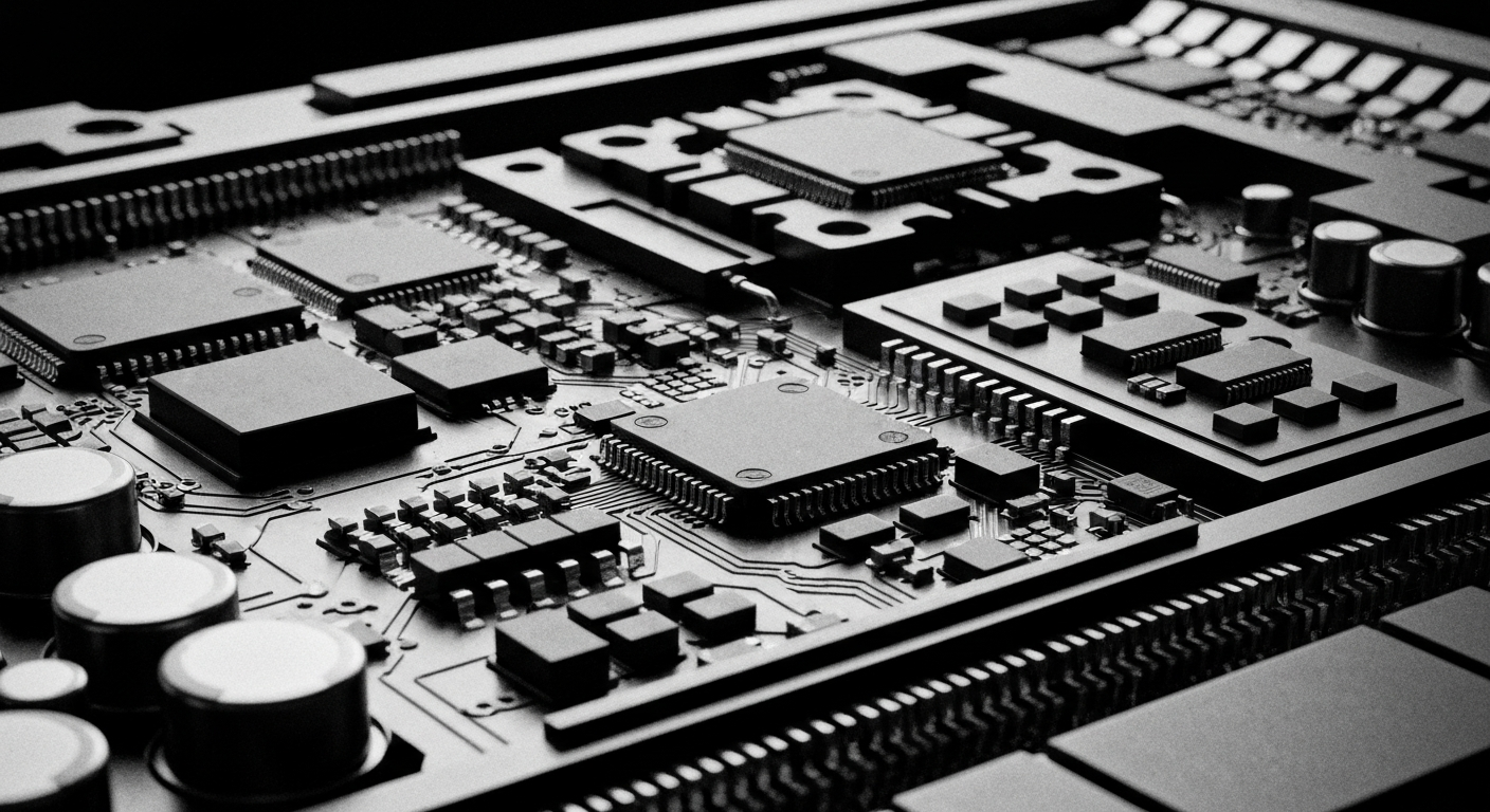 A highly detailed, black and white close-up image of the complex inner machinery and components that make up a Qualcomm semiconductor chip, conveying the technical sophistication and industrial power of the company's products.