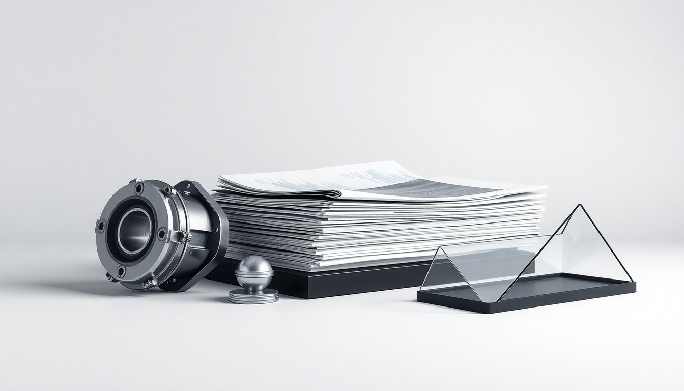 A photorealistic studio still life featuring a polished metal car part, financial reports, and a sleek desk organizer, symbolizing the abstract corporate strategy and finance driving the automotive industry.