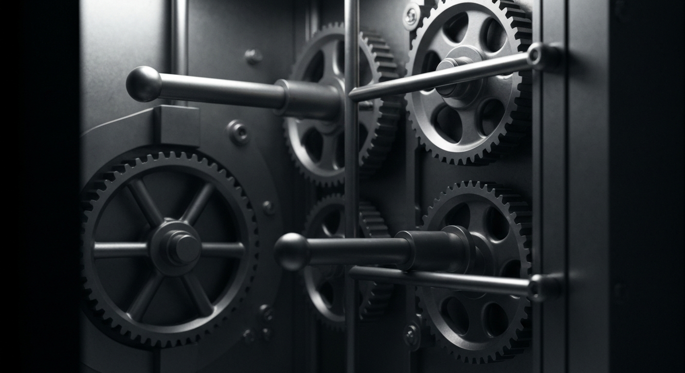 An extreme close-up of the intricate machinery and mechanisms inside a bank vault, conveying a sense of industrial power and financial security without any text or identifiable elements.