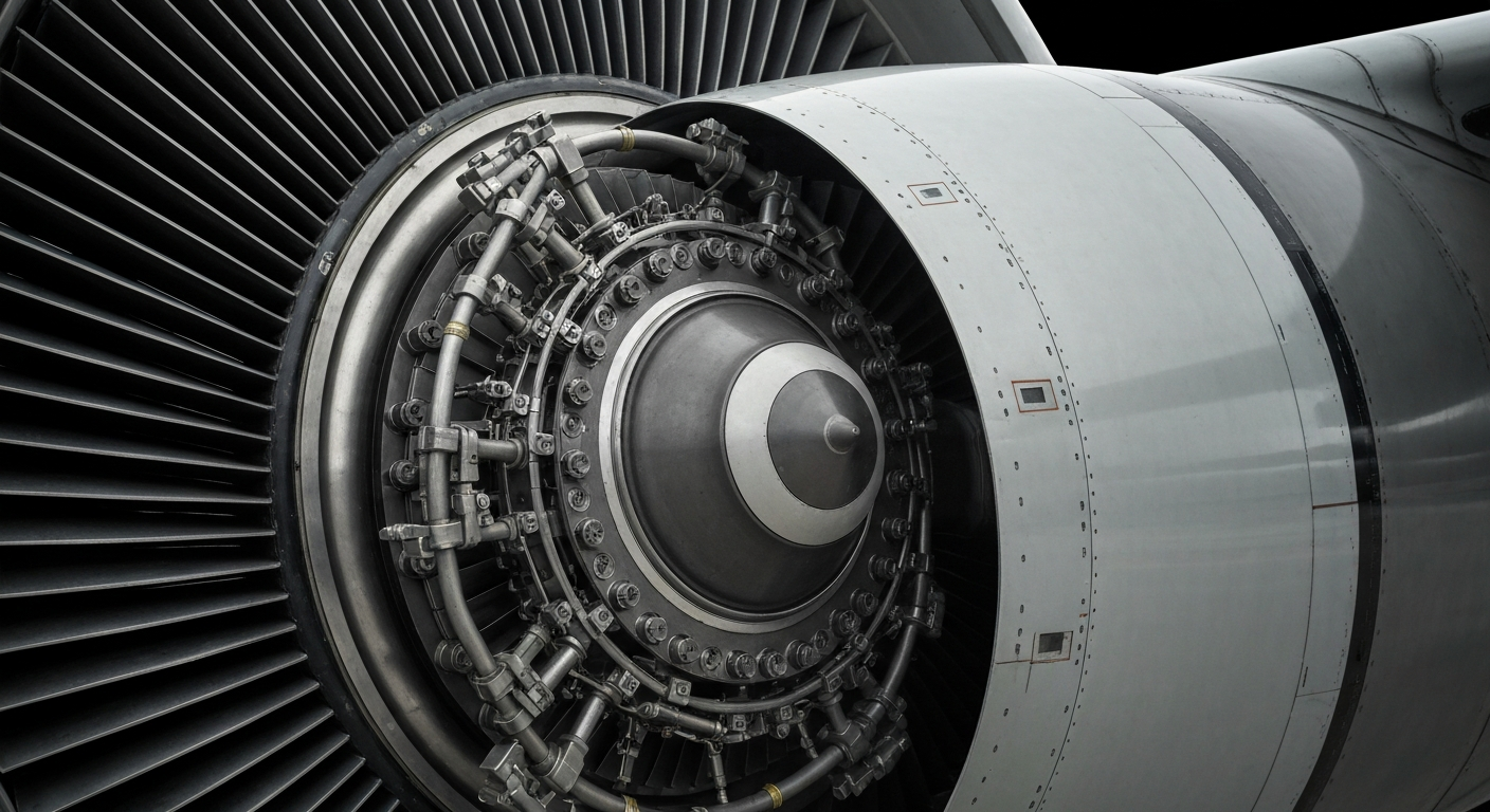An extreme close-up of the intricate metal gears and components of an aircraft engine, conveying the industrial might and technical sophistication of the aerospace industry.