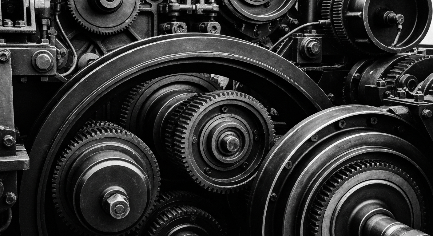 A high-contrast black and white close-up image of the intricate gears and mechanisms of a Lockheed Martin defense system, conveying a sense of power and precision through the heavy, industrial machinery.