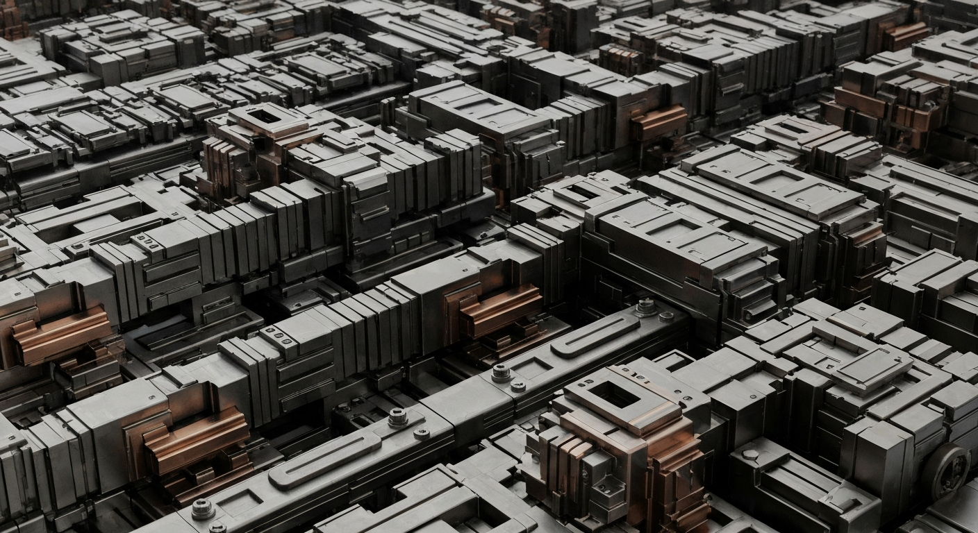 An extreme close-up of intricate, interlocking industrial machinery in muted tones of steel grey, copper, and black, conceptually representing the powerful financial and technological infrastructure of the semiconductor industry.