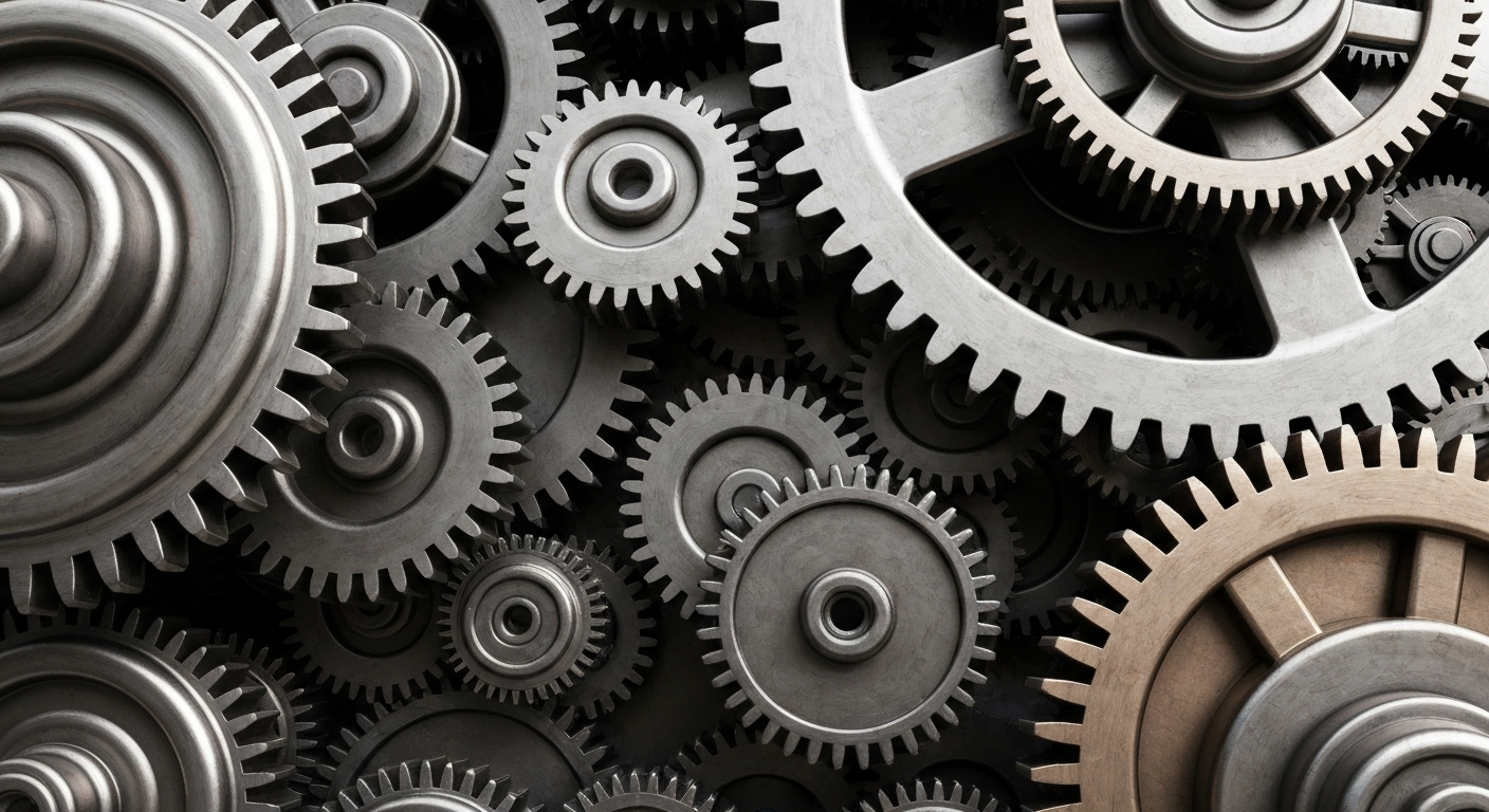An extreme close-up of a tightly interlocked set of industrial gears and machinery in shades of steel gray, bronze, and black, conceptually representing the intricate inner workings of the financial system that drive stock price movements.