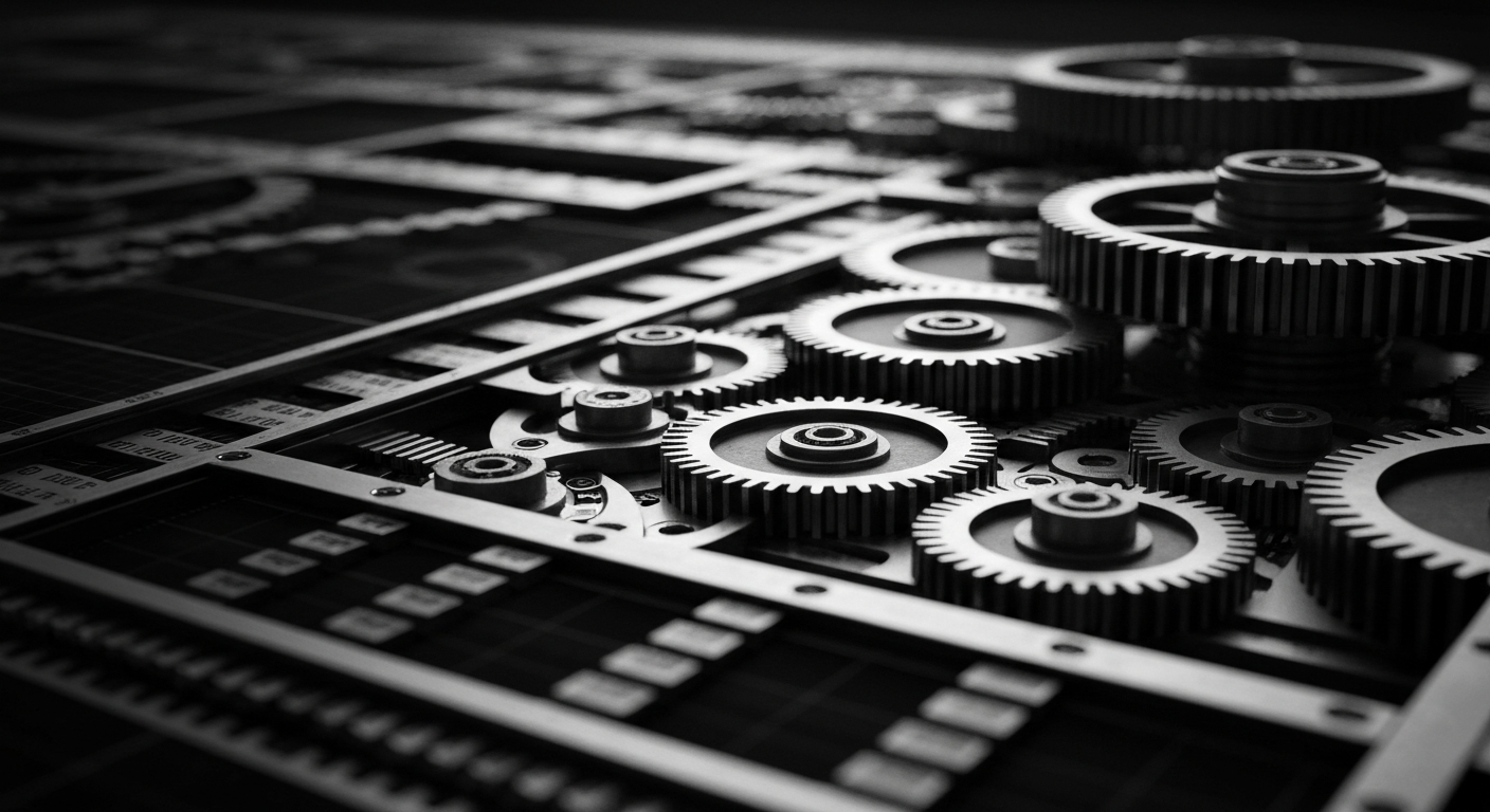 A close-up view of the intricate mechanical components and circuitry of a high-tech trading platform, captured in a dramatic, high-contrast black and white style that evokes the industrial aesthetic of Margaret Bourke-White's photography, serving as a conceptual representation of the technological infrastructure powering Robinhood's disruptive fintech services.