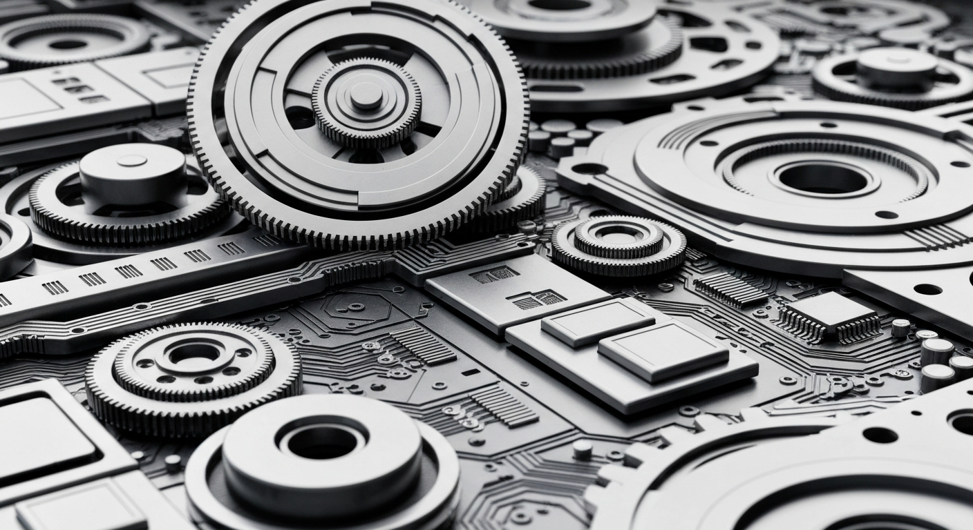 An extreme close-up of a complex array of metallic gears, circuits, and mechanical components in shades of silver, steel, and black, conceptually representing the intricate inner workings of financial technology and AI infrastructure.