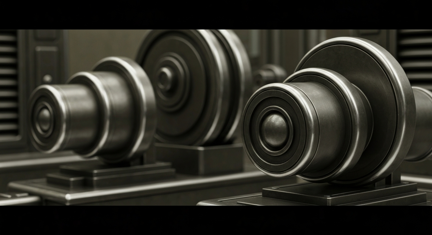 An extreme close-up of shiny, industrial banking equipment and machinery, conveying the physical, tangible nature of financial security and stability.