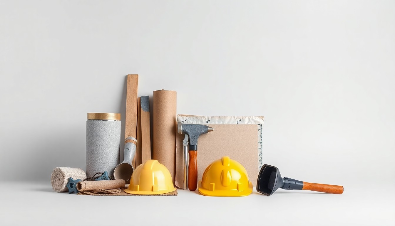 A high-end, photorealistic studio still-life photograph featuring a selection of premium construction materials and tools arranged elegantly on a clean, monochromatic seamless background, conceptually representing the importance of thorough pre-construction planning in the North Texas development market.