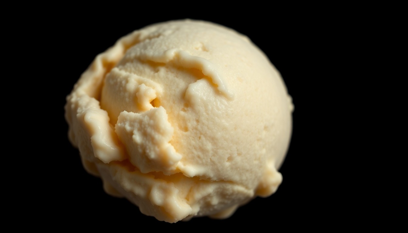 An extreme close-up of a scoop of creamy, textured ice cream, captured in dramatic high-contrast lighting to evoke a sense of luxurious indulgence.