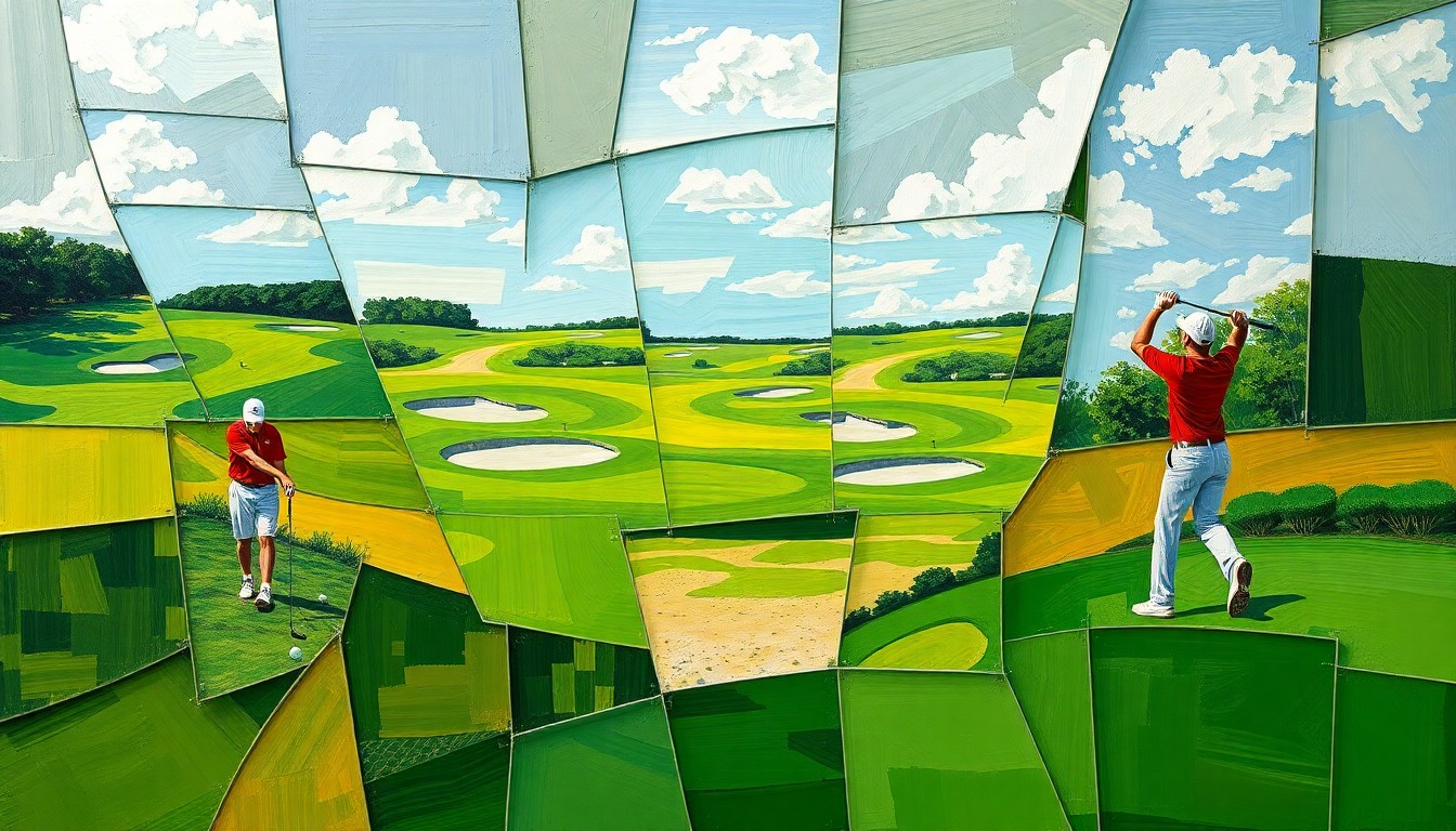 A fragmented, geometric painting in the style of Pablo Picasso, depicting the various elements of a high school golf match - fairways, sand traps, and swinging golf clubs - in an abstract, multi-perspective composition.