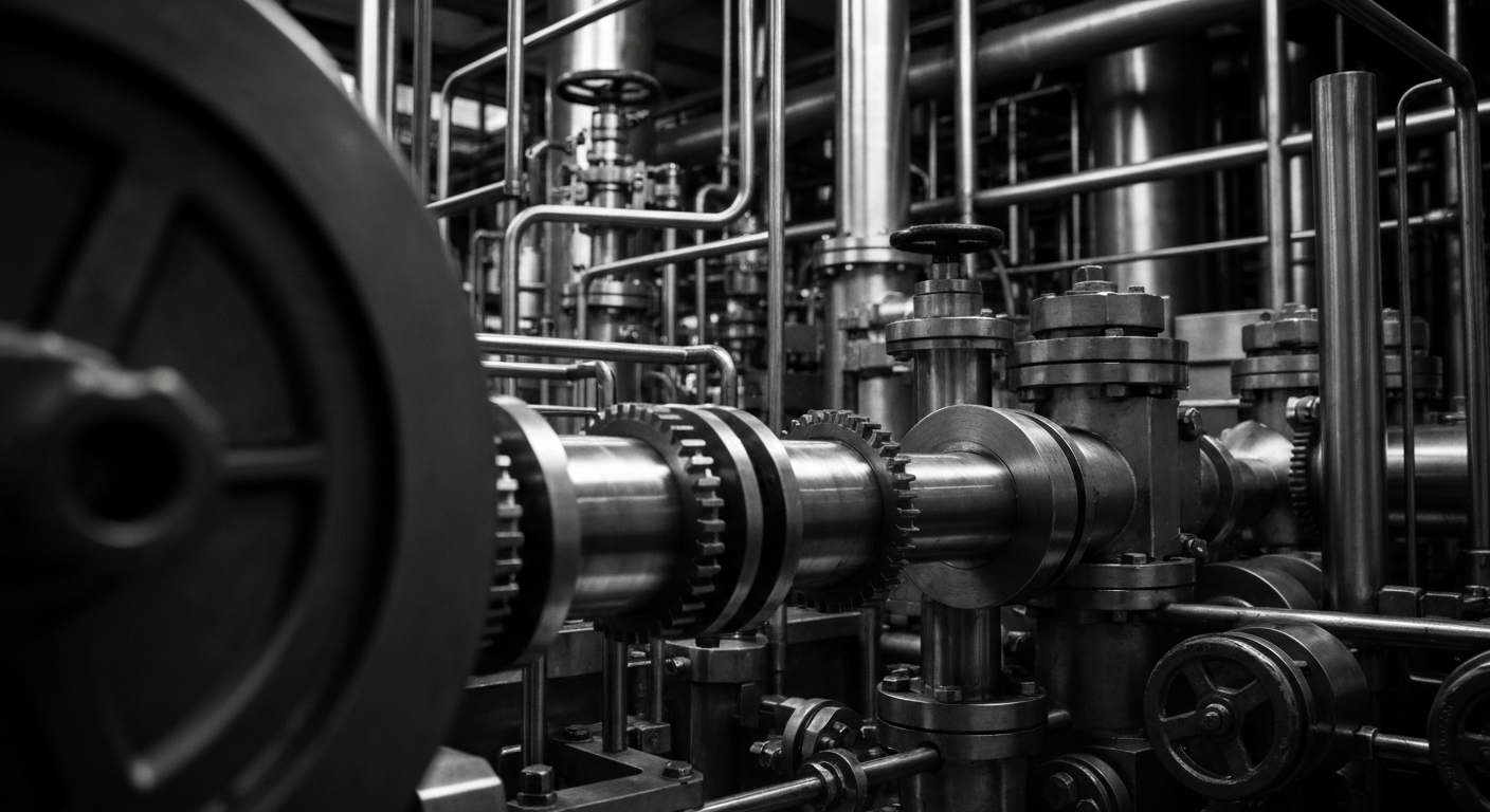 A high-contrast black and white close-up photograph of the intricate mechanical components inside a pharmaceutical manufacturing plant, representing the complex infrastructure behind drug development.