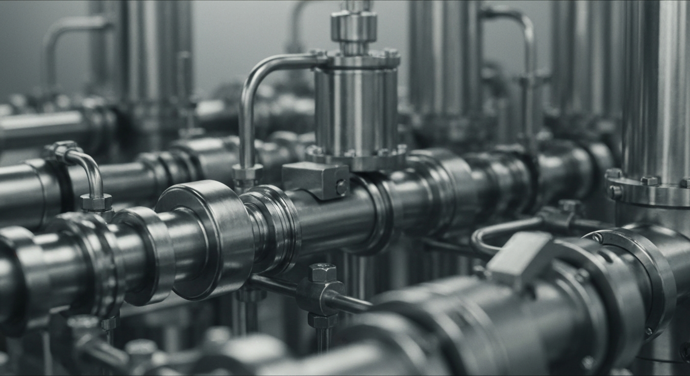 An extreme close-up of heavy, industrial bioprocessing machinery in muted tones of steel gray and chrome, conveying the complex technology that powers Repligen's critical role in the biopharmaceutical supply chain.
