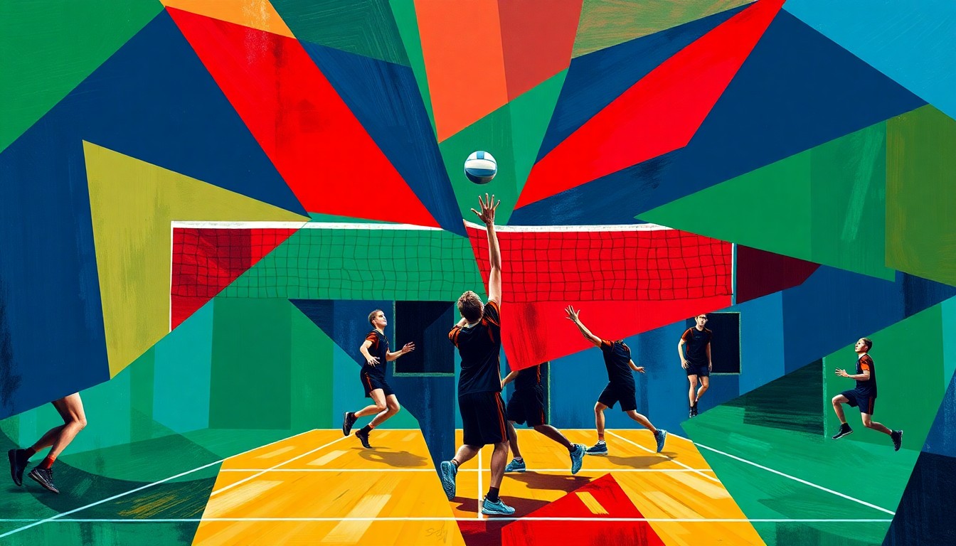 A fractured, geometric painting depicting a high school boys volleyball match, with the players and court broken down into sharp, overlapping shapes in a vibrant color palette, conveying the competitive energy of the rivalry.