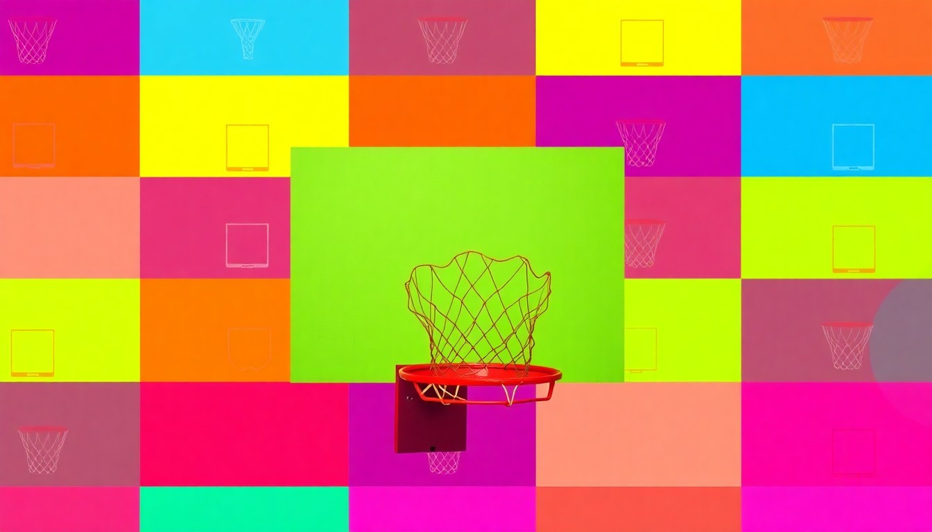 A brightly colored, high-contrast silkscreen print of a basketball hoop repeated in a tight grid pattern, conceptually representing the modernization of GVSU's athletic facilities.