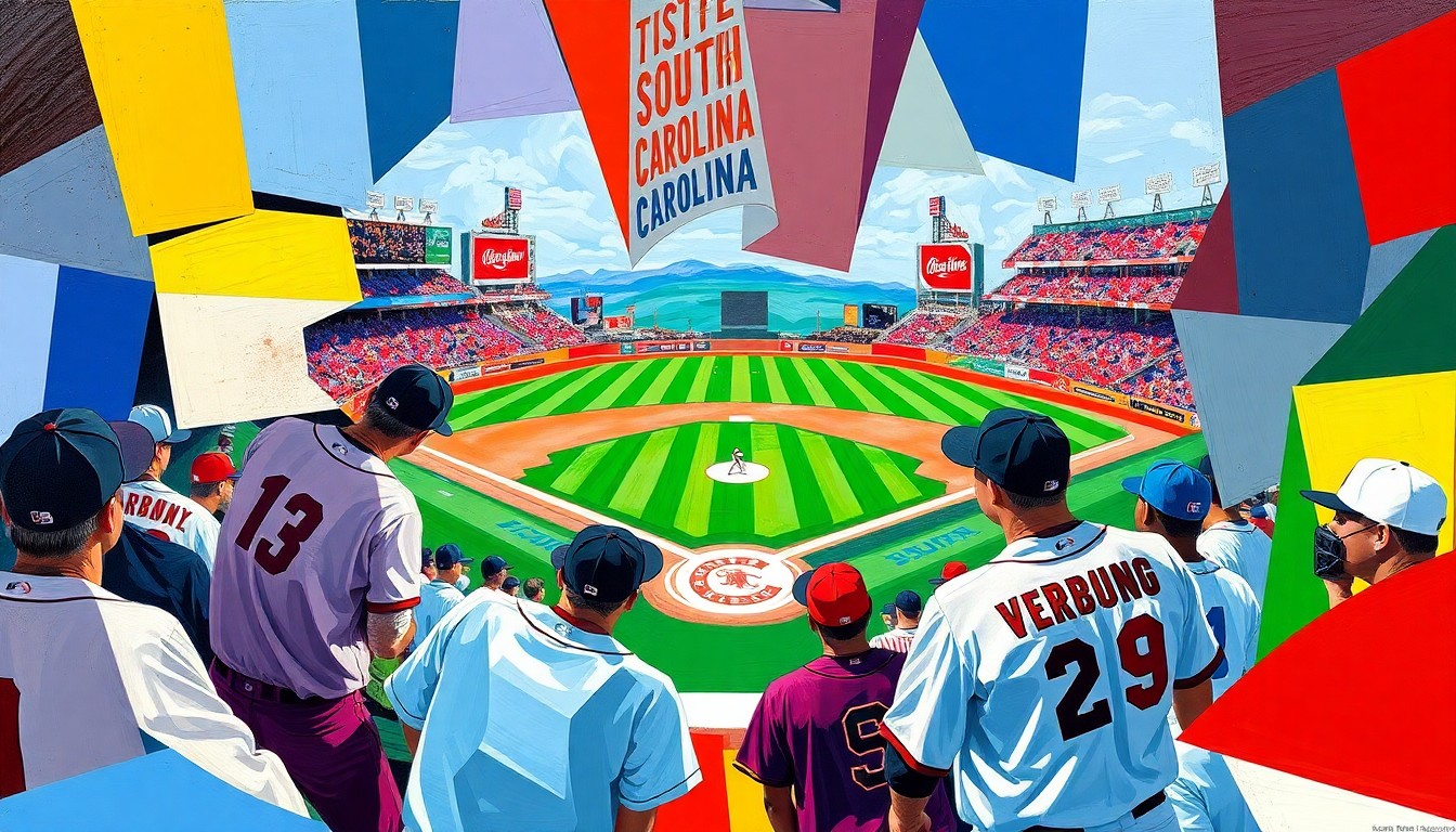 A fragmented, geometric painting depicting the dynamic action and competing strategies of a college baseball game, with the bright colors of the teams' uniforms creating a vibrant, energetic composition.