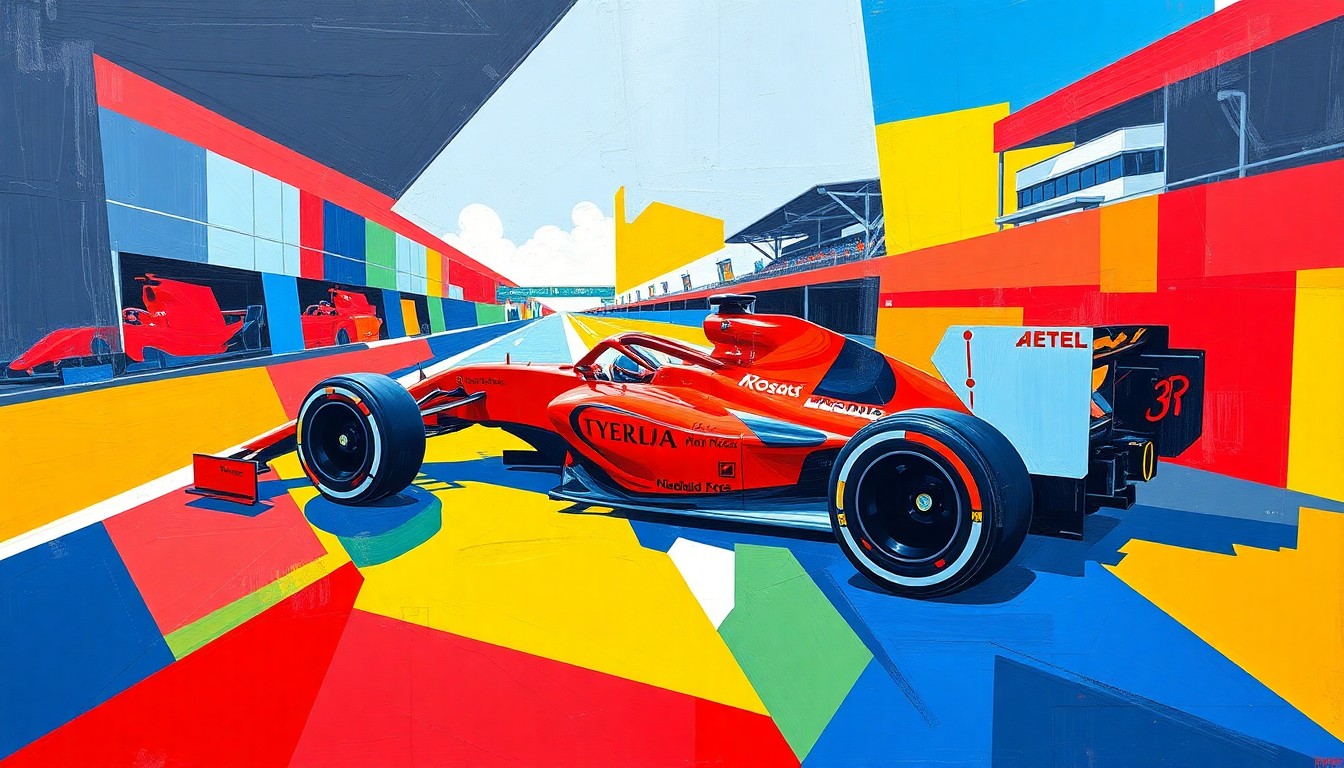 A fractured, cubist-style painting depicting Colton Herta's Formula 2 race car in a series of sharp, overlapping geometric planes, using vibrant colors to capture the dynamic energy of motorsports.